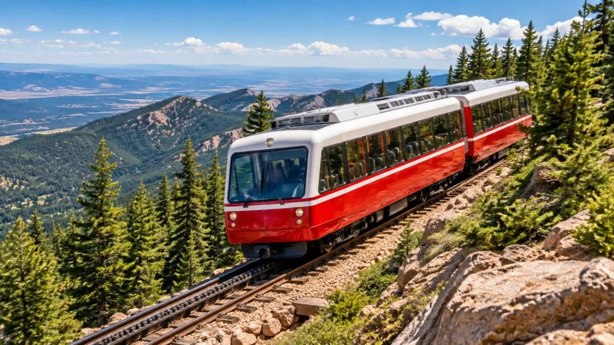 Ein roter Zug der Zahnradbahn fährt durch Kiefernwald am Pikes Peak hinauf