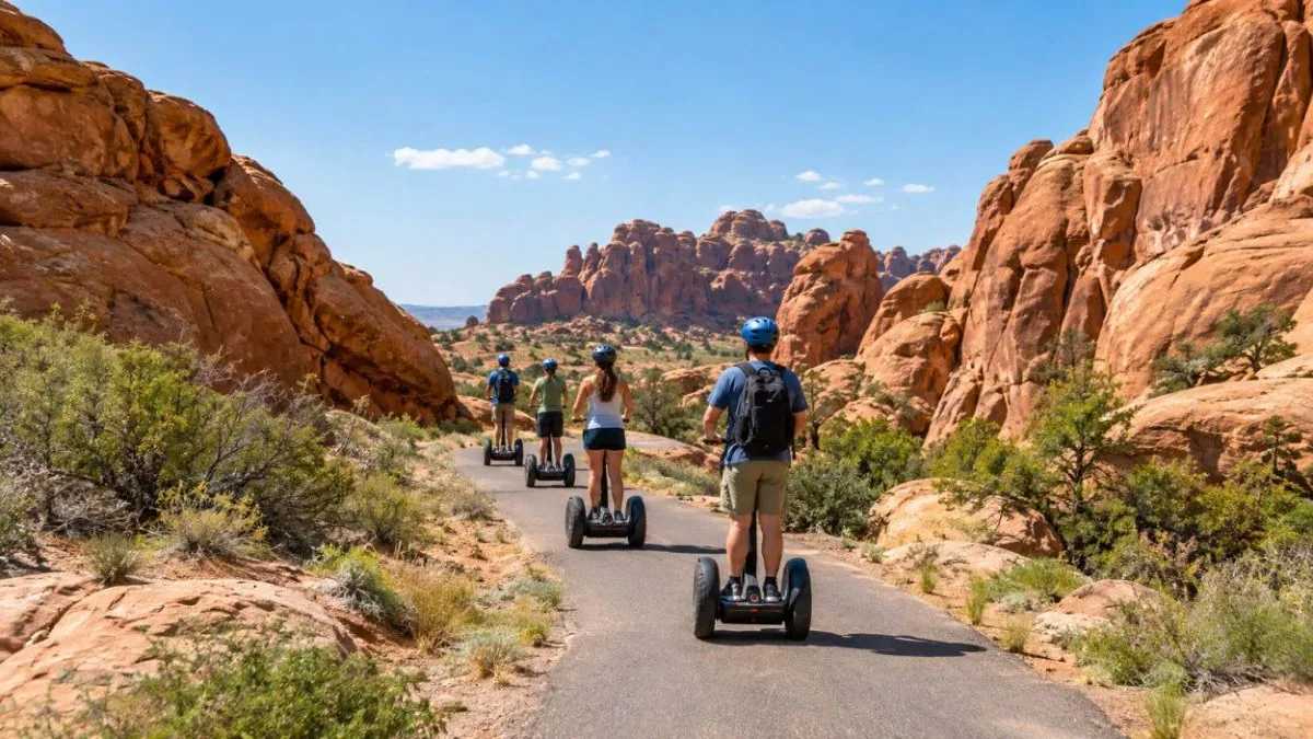 Eine kleine Gruppe auf Segways auf einem asphaltierten Weg zwischen roten Felsen