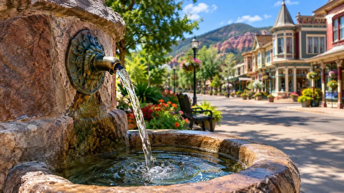 Una fuente de piedra de un manantial mineral en una calle de Manitou Springs